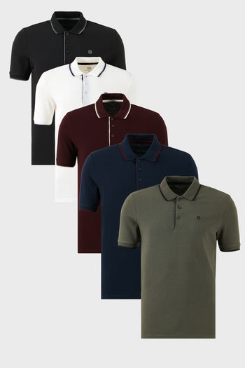 Buratti Pamuklu Slim Fit Şerit Detaylı Düğmeli Polo Yaka 5'li Paket Erkek T Shirt 5902118S5 SİYAH-LACİVERTBORDO-BEYAZ-VişneBeyaz-HAKİ
