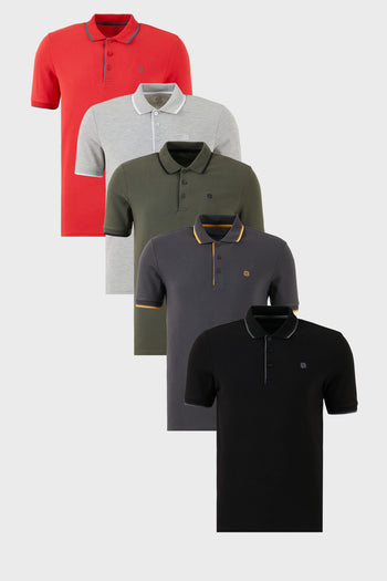 Buratti Pamuklu Slim Fit Şerit Detaylı Düğmeli Polo Yaka 5'li Paket Erkek T Shirt 5902118S5 Siyah-Kırmızı-Antrasit-Haki-Gri Melanj