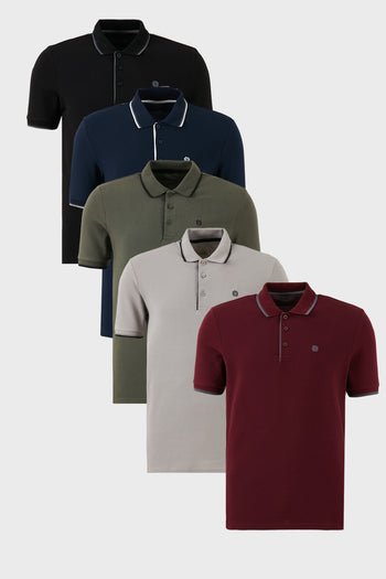 Buratti Pamuklu Slim Fit Şerit Detaylı Düğmeli Polo Yaka 5'li Paket Erkek T Shirt 5902118S5 Siyah-Vişne-Haki-Lacivert-Taş