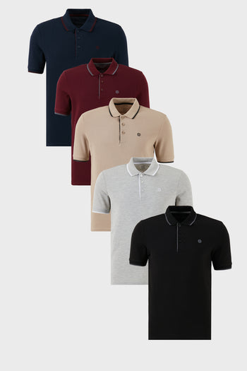 Buratti Pamuklu Slim Fit Şerit Detaylı Düğmeli Polo Yaka 5'li Paket Erkek T Shirt 5902118S5 Siyah-Vişne-Gri Melanj-Vizon-Lacivert-Bordo