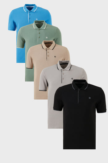 Buratti Pamuklu Slim Fit Şerit Detaylı Düğmeli Polo Yaka 5'li Paket Erkek T Shirt 5902118S5 Siyah-Taş-Koyu Mavi-Vİzon- Elma Yeşili-Beyaz