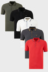 Buratti Pamuklu Slim Fit Şerit Detaylı Düğmeli Polo Yaka 5'li Paket Erkek T Shirt 5902118S5 Siyah-Beyaz-Kırmızı-Antrasit-Haki