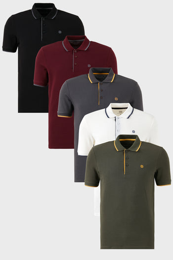 Buratti Pamuklu Slim Fit Şerit Detaylı Düğmeli Polo Yaka 5'li Paket Erkek T Shirt 5902118S5 Siyah-Antrasit-Hakisarı-Vişne-Beyaz