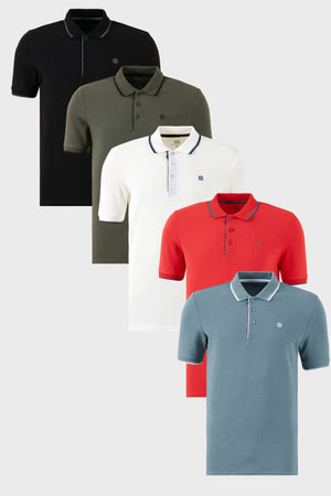 Buratti Pamuklu Slim Fit Şerit Detaylı Düğmeli Polo Yaka 5'li Paket Erkek T Shirt 5902118S5 Siyah-Haki-Mavi-Kırmızı-Beyaz