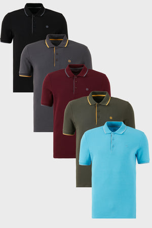 Buratti Pamuklu Slim Fit Şerit Detaylı Düğmeli Polo Yaka 5'li Paket Erkek T Shirt 5902118S5 Siyah-Antrasit-Hakisarı-Vişne-Aquamavi