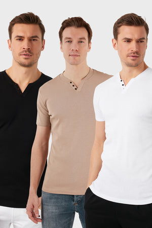 Buratti Pamuklu Düğme Detaylı Slim Fit V Yaka 3'lü Paket Erkek T Shirt 5902122S3 Taş-Beyaz-Siyah