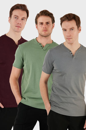 Buratti Pamuklu Düğme Detaylı Slim Fit V Yaka 3'lü Paket Erkek T Shirt 5902122S3 Elma Yeşili-Vişne-Açık Haki