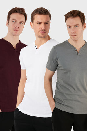 Buratti Pamuklu Düğme Detaylı Slim Fit V Yaka 3'lü Paket Erkek T Shirt 5902122S3 Beyaz-Vişne-Açık Haki