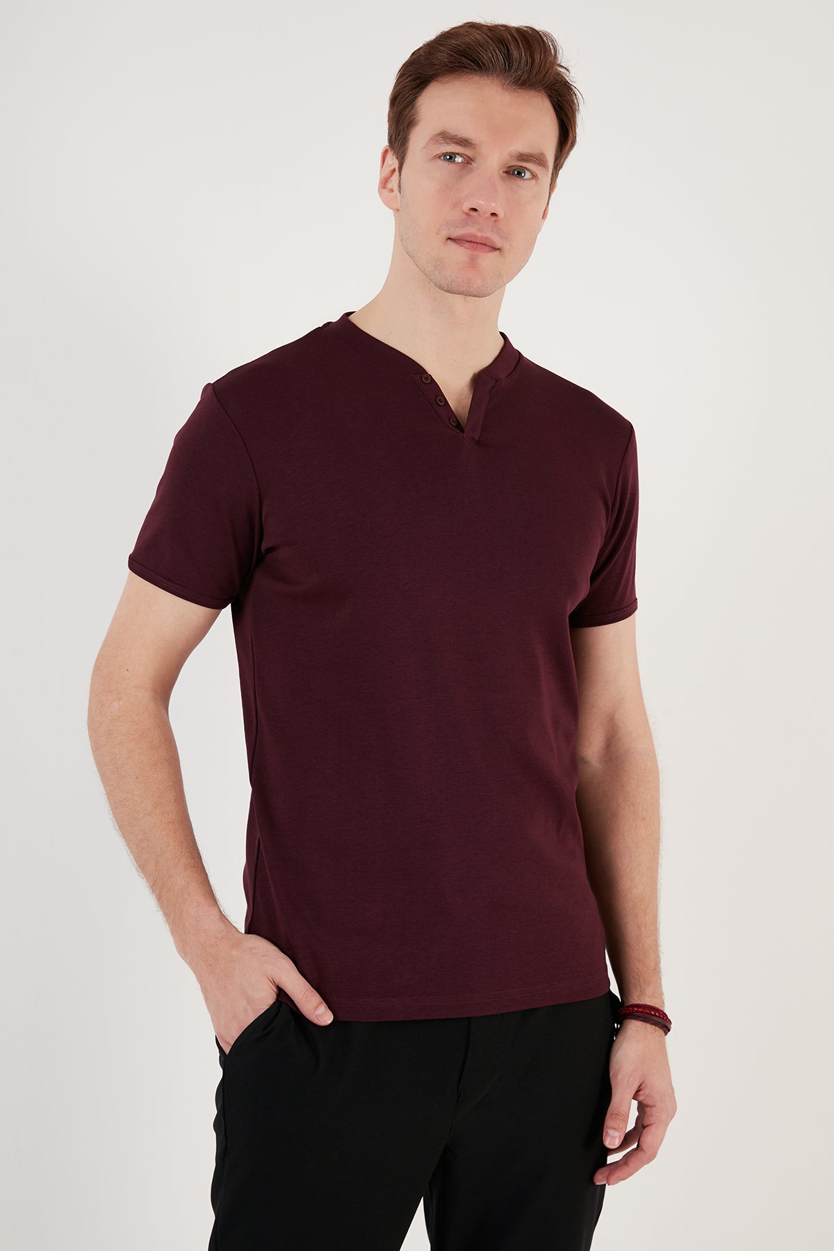 Buratti Pamuklu Düğme Detaylı Slim Fit V Yaka 3'lü Paket Erkek T Shirt 5902122S3 Beyaz-Vişne-Açık Haki