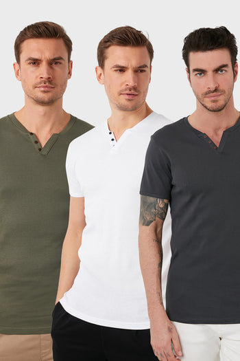 Buratti Pamuklu Düğme Detaylı Slim Fit V Yaka 3'lü Paket Erkek T Shirt 5902122S3 Beyaz-Haki-Antrasit