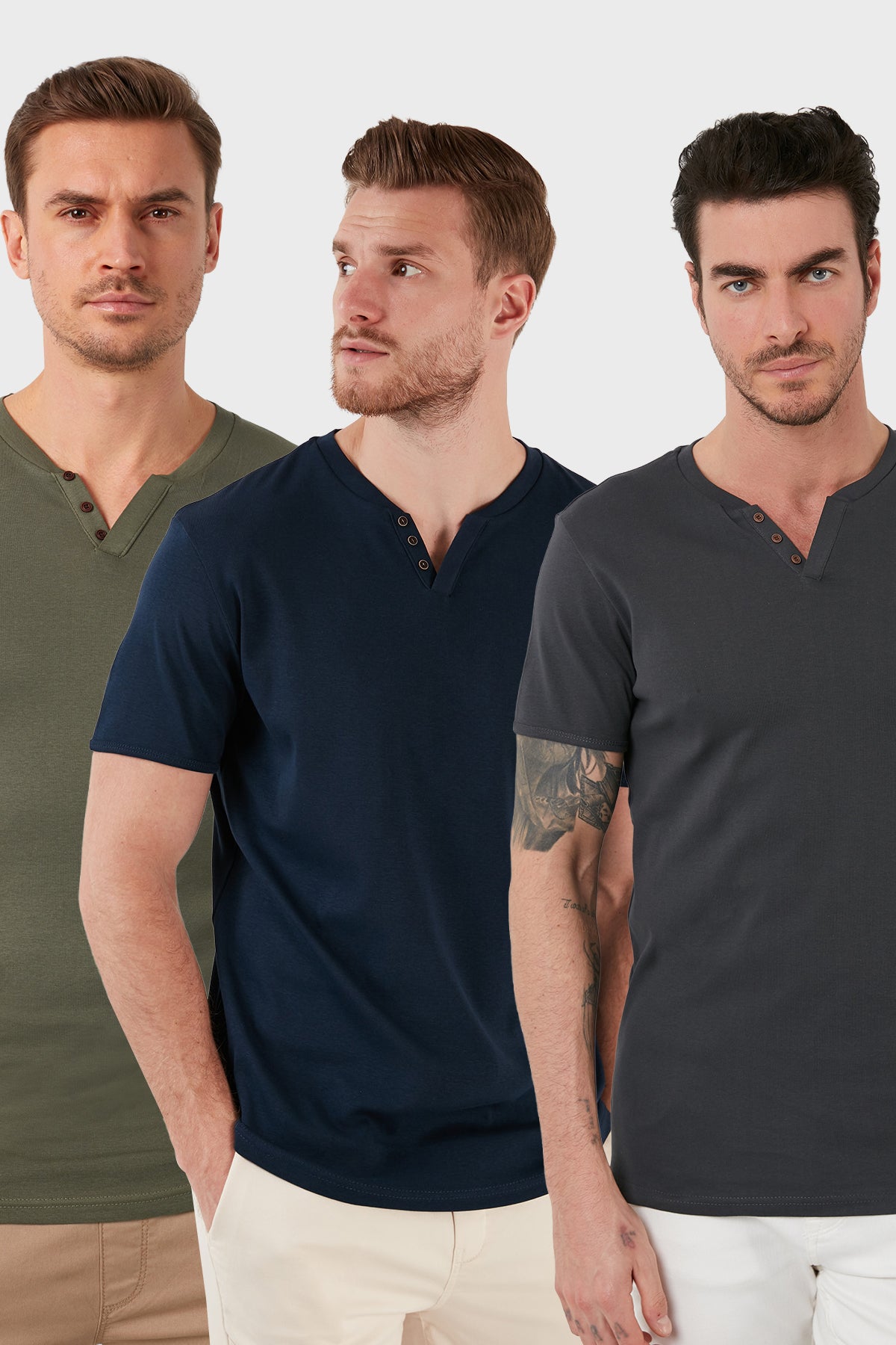 Buratti Pamuklu Düğme Detaylı Slim Fit V Yaka 3'lü Paket Erkek T Shirt 5902122S3 Haki-Antrasit-İndigo