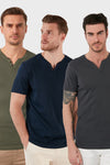 Buratti Pamuklu Düğme Detaylı Slim Fit V Yaka 3'lü Paket Erkek T Shirt 5902122S3 Haki-Antrasit-İndigo