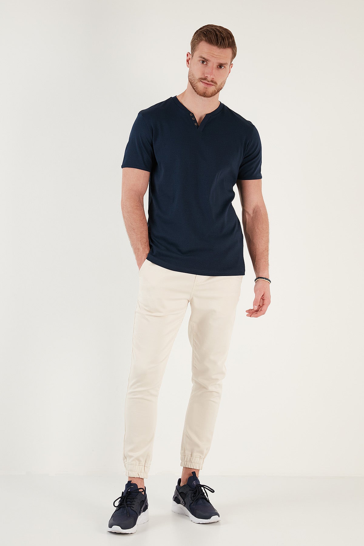 Buratti Pamuklu Düğme Detaylı Slim Fit V Yaka 3'lü Paket Erkek T Shirt 5902122S3 Haki-Antrasit-İndigo