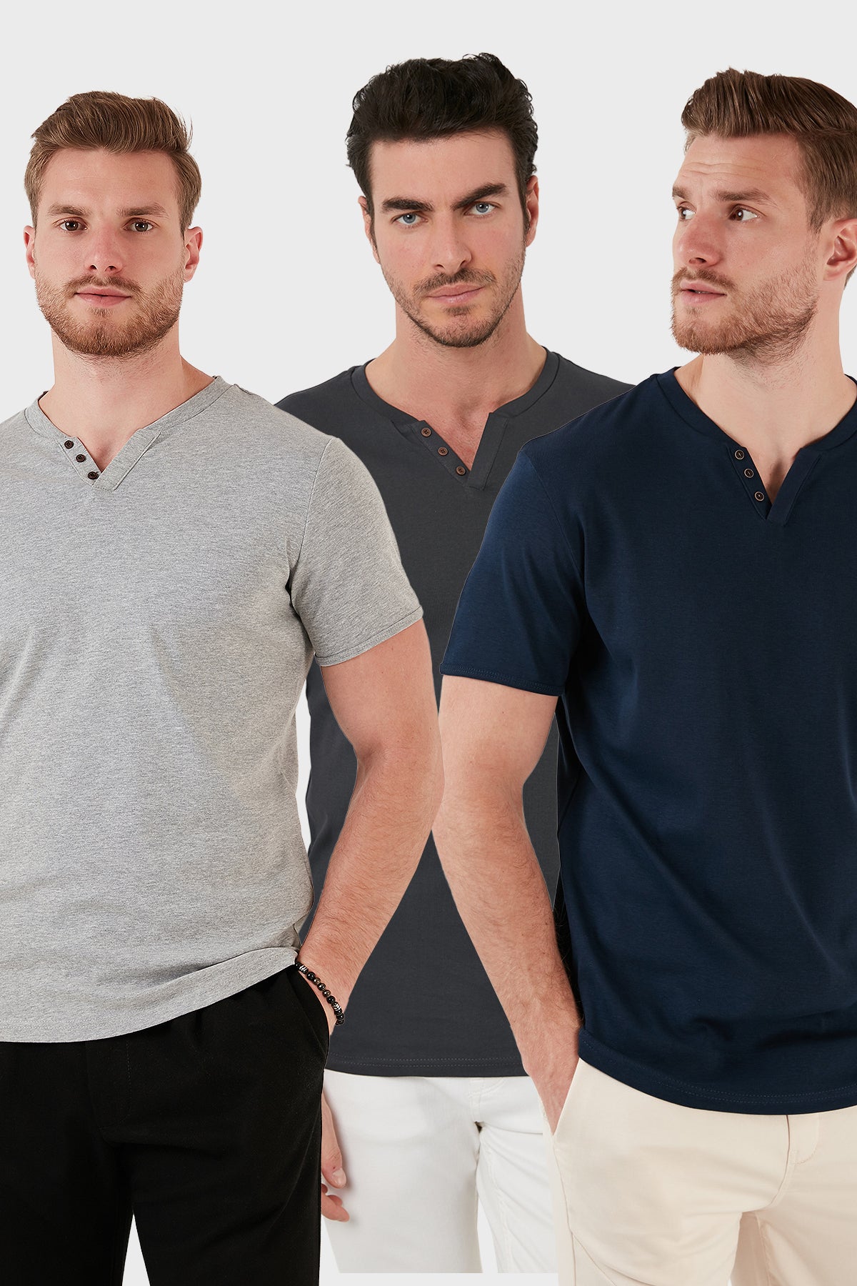 Buratti Pamuklu Düğme Detaylı Slim Fit V Yaka 3'lü Paket Erkek T Shirt 5902122S3 Antrasit-İndigo-Gri Melanj
