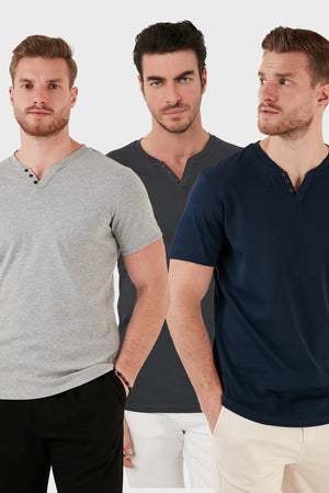 Buratti Pamuklu Düğme Detaylı Slim Fit V Yaka 3'lü Paket Erkek T Shirt 5902122S3 Antrasit-İndigo-Gri Melanj