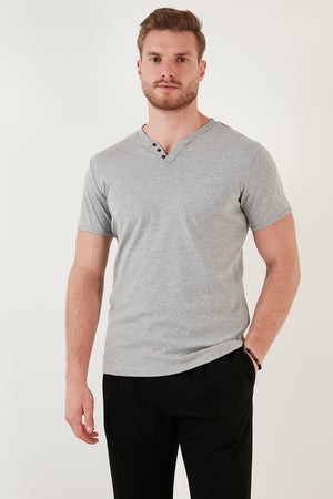 Buratti Pamuklu Düğme Detaylı Slim Fit V Yaka 3'lü Paket Erkek T Shirt 5902122S3 Antrasit-İndigo-Gri Melanj