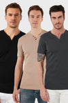 Buratti Pamuklu Düğme Detaylı Slim Fit V Yaka 3'lü Paket Erkek T Shirt 5902122S3 Antrasit-Taş-Siyah