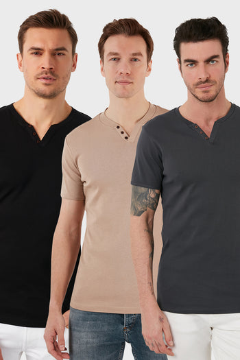 Buratti Pamuklu Düğme Detaylı Slim Fit V Yaka 3'lü Paket Erkek T Shirt 5902122S3 Antrasit-Taş-Siyah