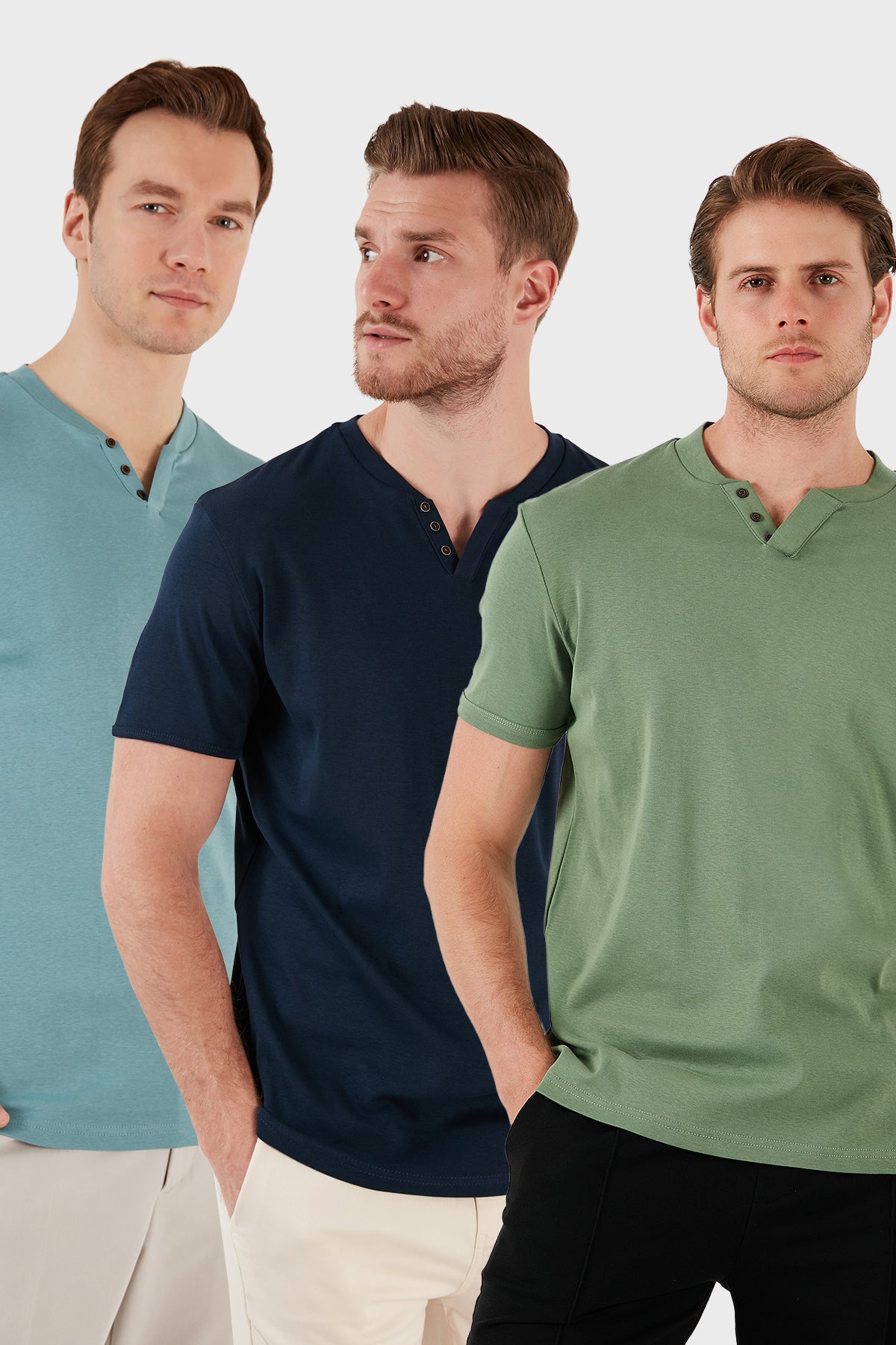 Buratti Pamuklu Düğme Detaylı Slim Fit V Yaka 3'lü Paket Erkek T Shirt 5902122S3 İndigo-Açık Mavi-Elma Yeşili