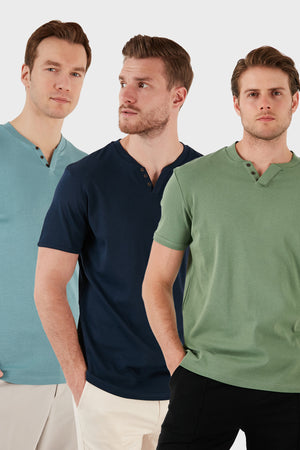 Buratti Pamuklu Düğme Detaylı Slim Fit V Yaka 3'lü Paket Erkek T Shirt 5902122S3 İndigo-Açık Mavi-Elma Yeşili