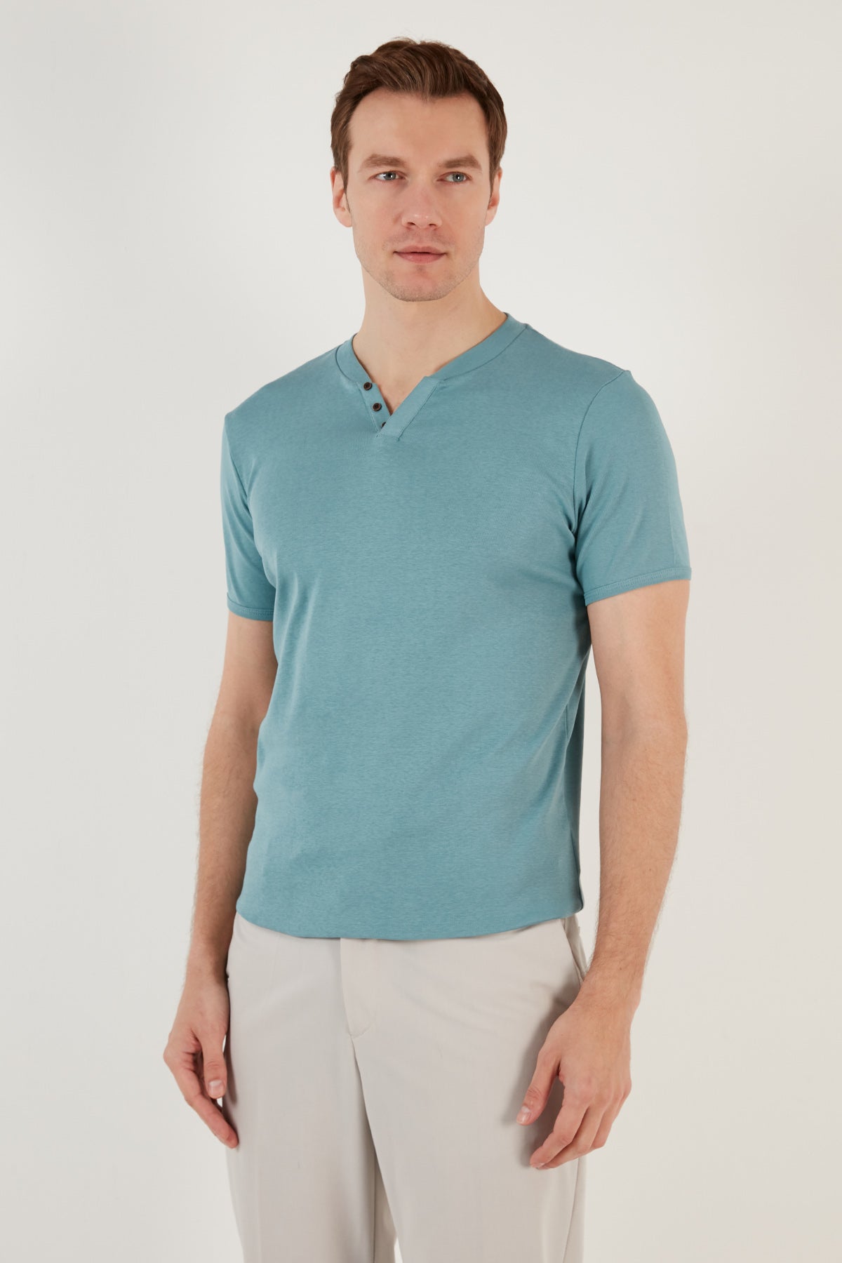 Buratti Pamuklu Düğme Detaylı Slim Fit V Yaka 3'lü Paket Erkek T Shirt 5902122S3 İndigo-Açık Mavi-Elma Yeşili