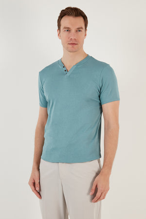 Buratti Pamuklu Düğme Detaylı Slim Fit V Yaka 3'lü Paket Erkek T Shirt 5902122S3 İndigo-Açık Mavi-Elma Yeşili