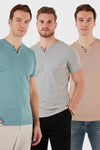 Buratti Pamuklu Düğme Detaylı Slim Fit V Yaka 3'lü Paket Erkek T Shirt 5902122S3 Açık Mavi-Gri Melanj-Taş