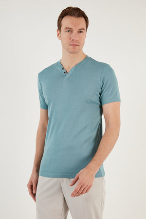 Buratti Pamuklu Düğme Detaylı Slim Fit V Yaka 3'lü Paket Erkek T Shirt 5902122S3 Açık Mavi-Gri Melanj-Taş