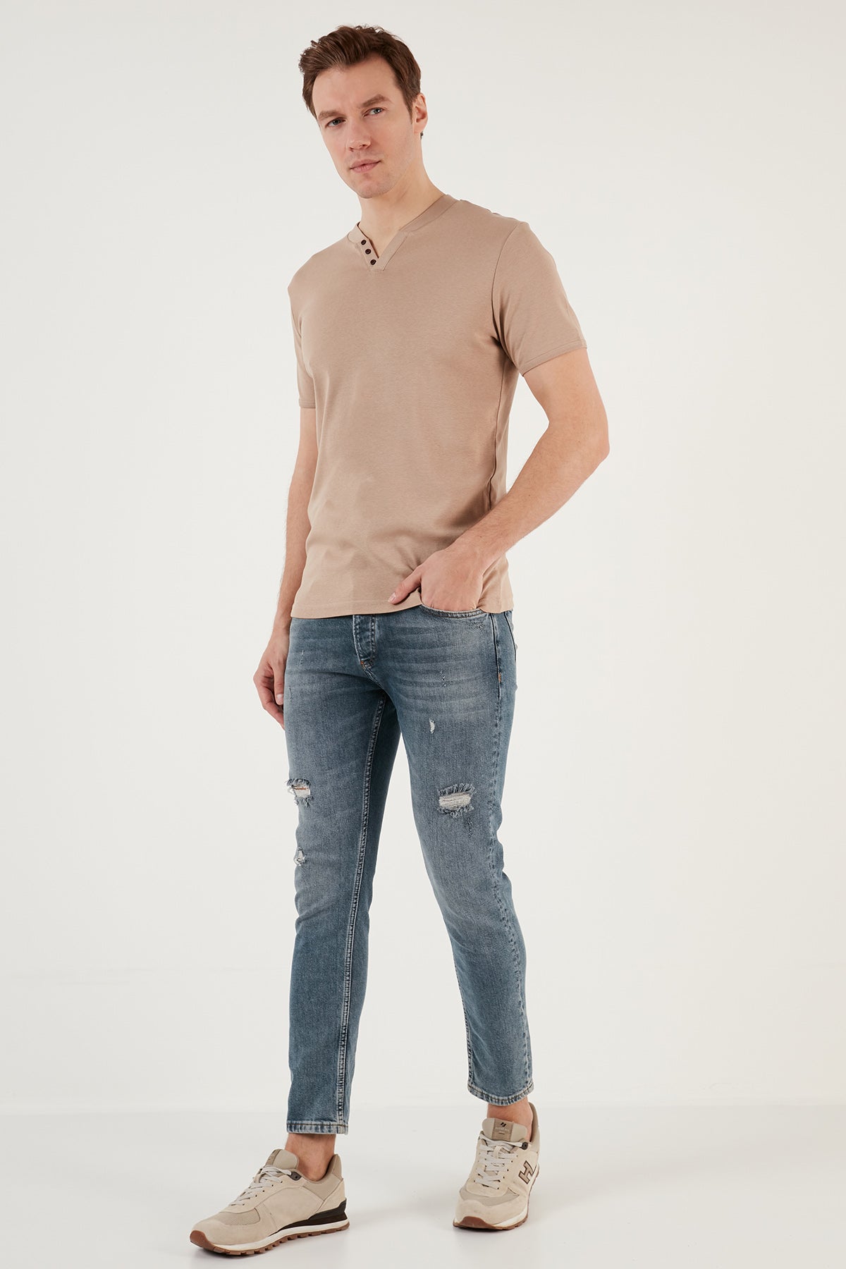 Buratti Pamuklu Düğme Detaylı Slim Fit V Yaka 3'lü Paket Erkek T Shirt 5902122S3 Açık Mavi-Gri Melanj-Taş