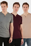 Buratti Pamuklu Düğme Detaylı Slim Fit V Yaka 3'lü Paket Erkek T Shirt 5902122S3 Vişne-Taş-Açık Haki