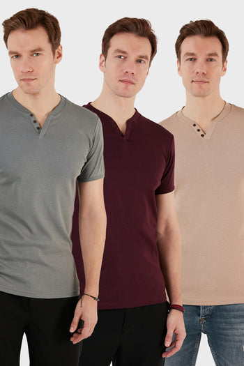 Buratti Pamuklu Düğme Detaylı Slim Fit V Yaka 3'lü Paket Erkek T Shirt 5902122S3 Vişne-Taş-Açık Haki