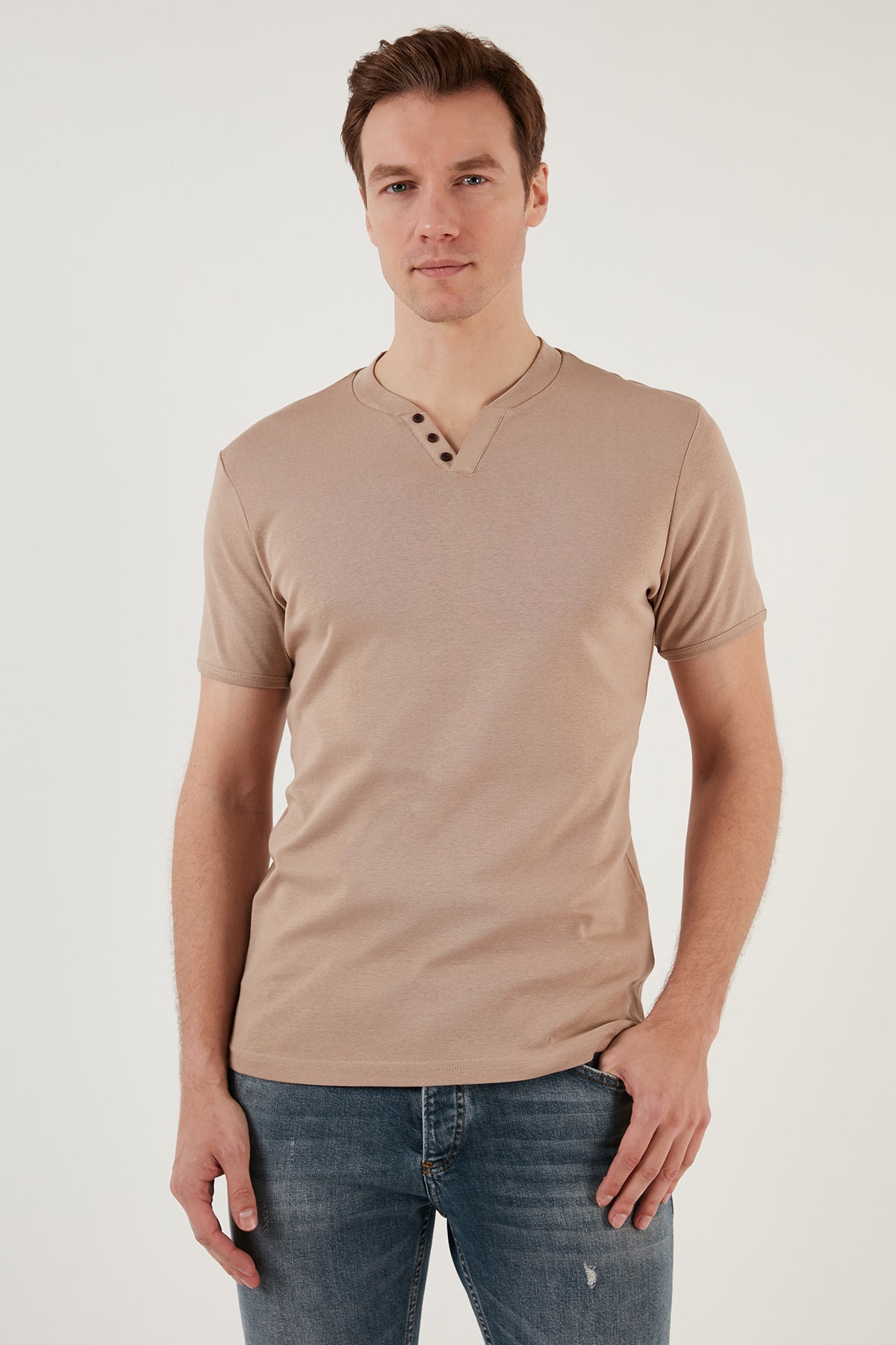 Buratti Pamuklu Düğme Detaylı Slim Fit V Yaka 3'lü Paket Erkek T Shirt 5902122S3 Vişne-Taş-Açık Haki