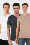 Buratti Pamuklu Düğme Detaylı Slim Fit V Yaka 3'lü Paket Erkek T Shirt 5902122S3 Antrasit-Taş-Beyaz