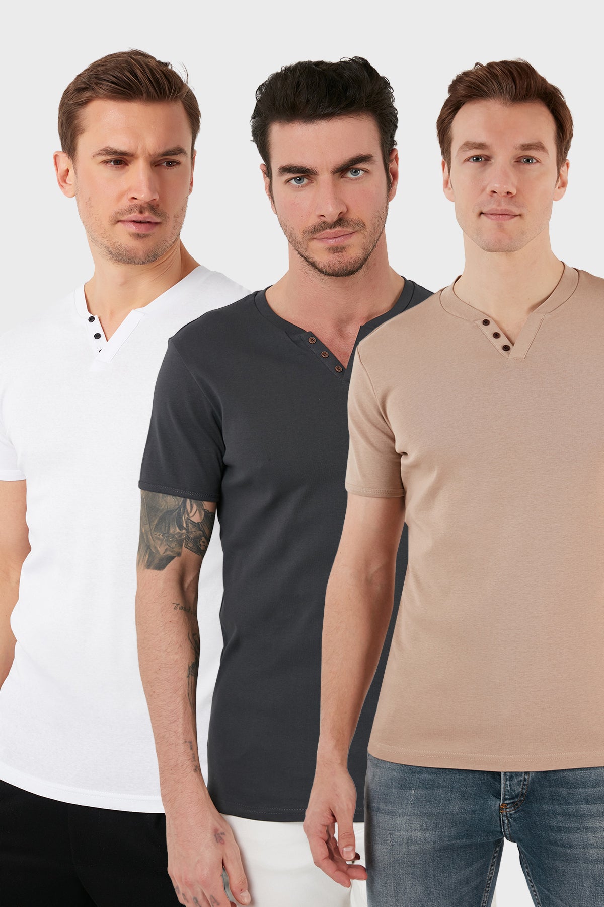 Buratti Pamuklu Düğme Detaylı Slim Fit V Yaka 3'lü Paket Erkek T Shirt 5902122S3 Antrasit-Taş-Beyaz