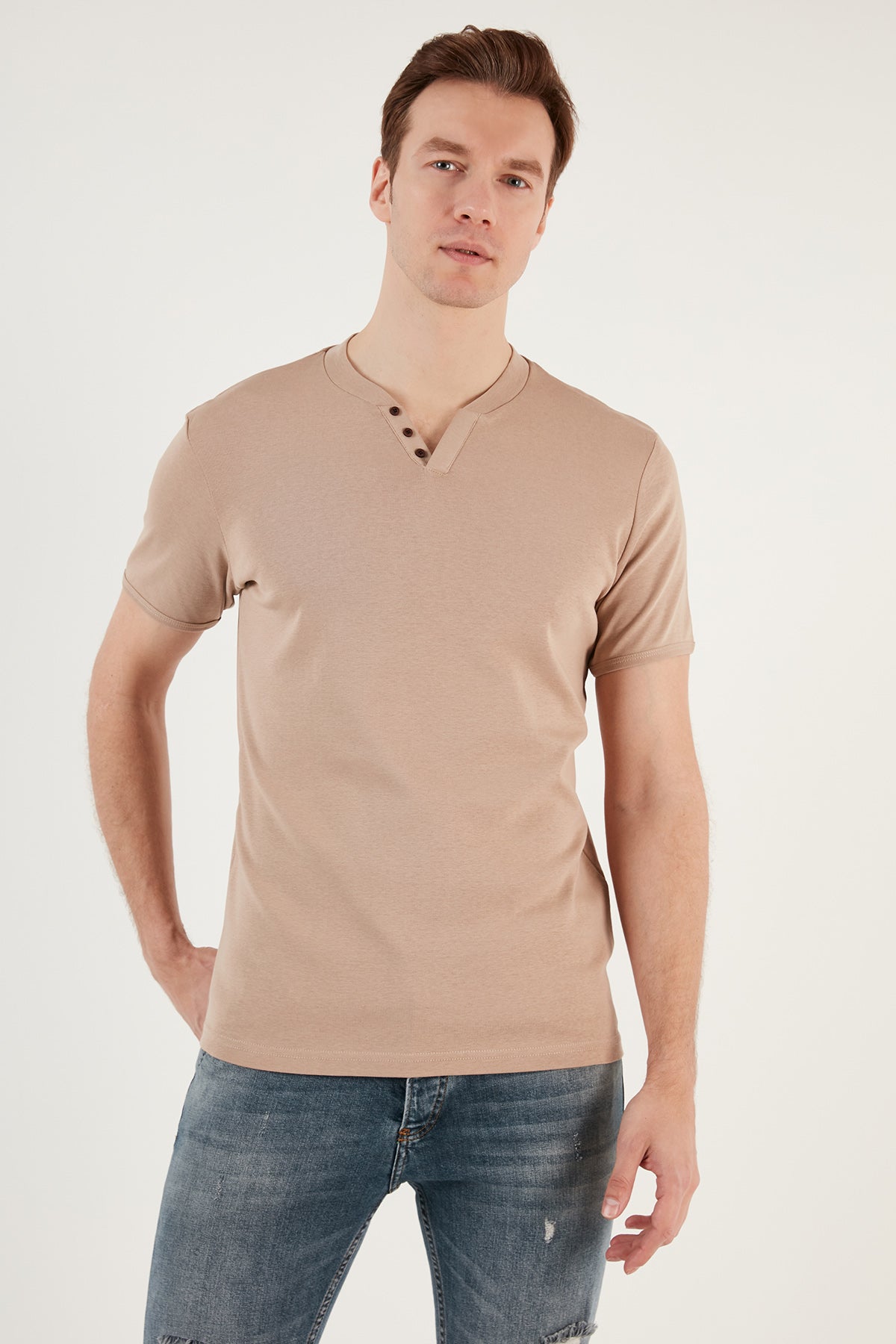 Buratti Pamuklu Düğme Detaylı Slim Fit V Yaka 3'lü Paket Erkek T Shirt 5902122S3 Antrasit-Taş-Beyaz