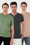 Buratti Pamuklu Düğme Detaylı Slim Fit V Yaka 3'lü Paket Erkek T Shirt 5902122S3 Antrasit-Elma Yeşili-Taş