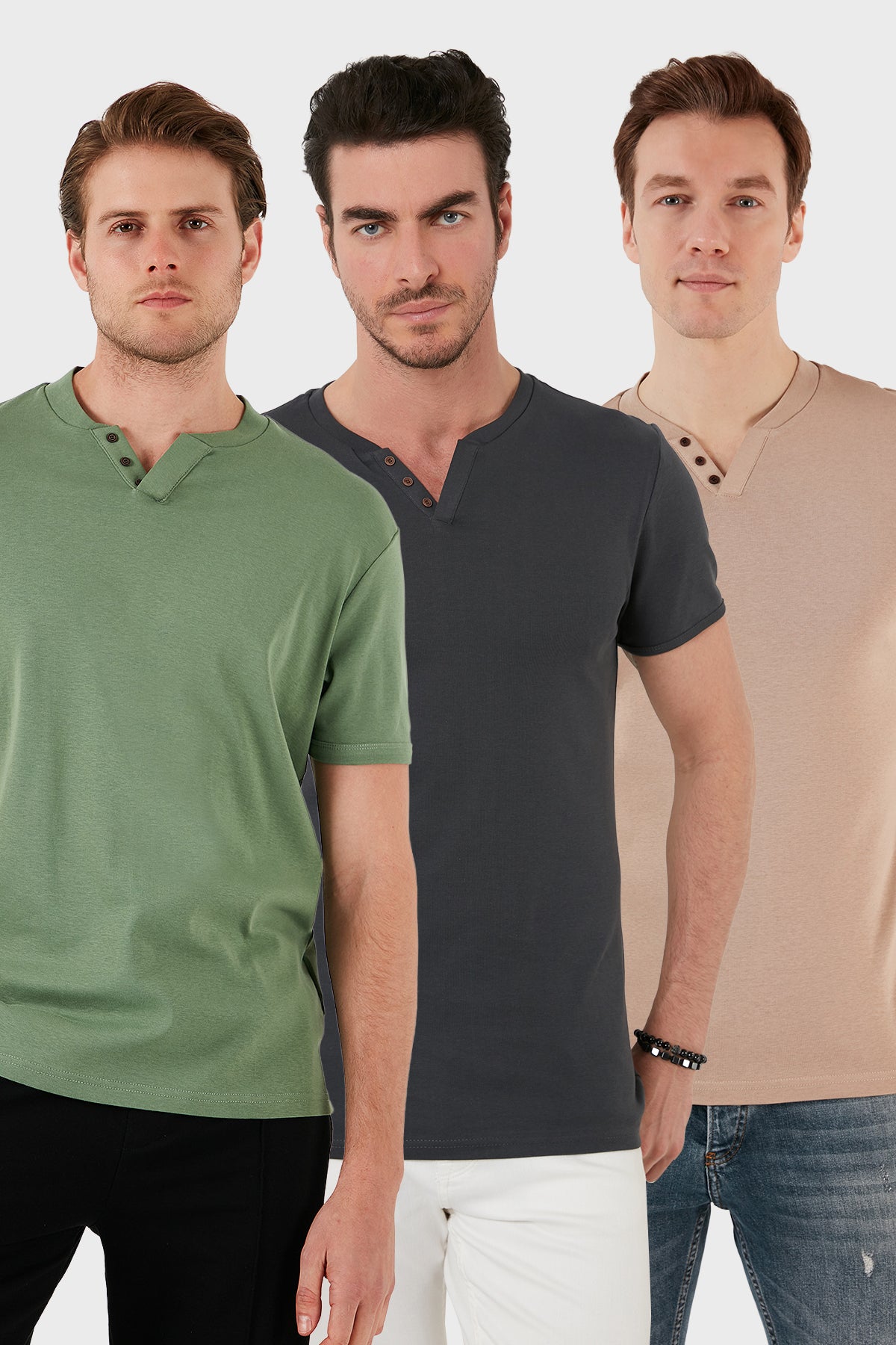 Buratti Pamuklu Düğme Detaylı Slim Fit V Yaka 3'lü Paket Erkek T Shirt 5902122S3 Antrasit-Elma Yeşili-Taş