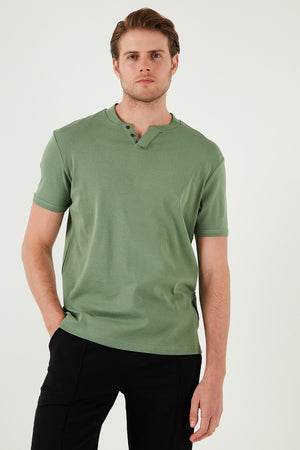 Buratti Pamuklu Düğme Detaylı Slim Fit V Yaka 3'lü Paket Erkek T Shirt 5902122S3 Antrasit-Elma Yeşili-Taş