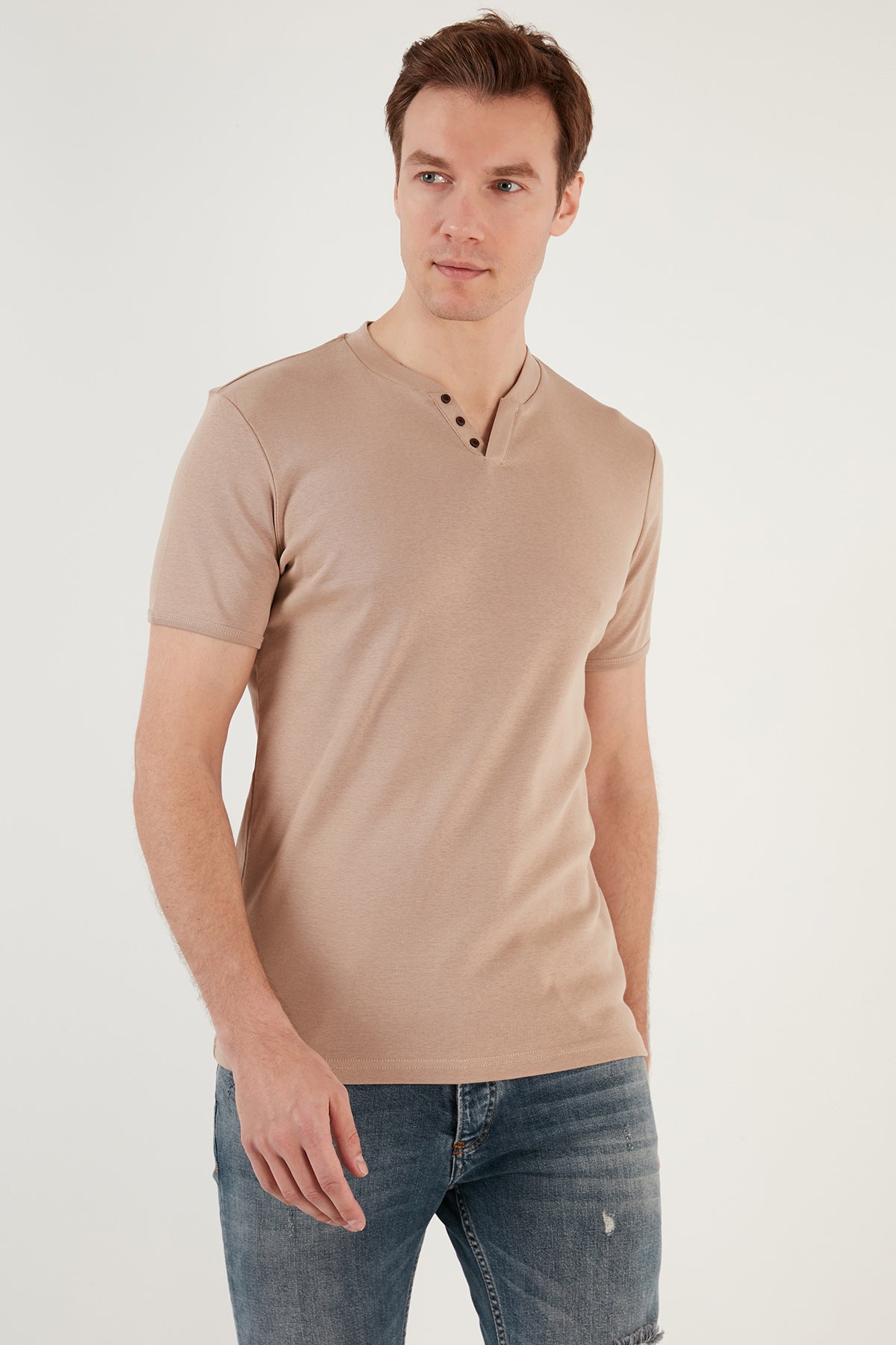 Buratti Pamuklu Düğme Detaylı Slim Fit V Yaka 3'lü Paket Erkek T Shirt 5902122S3 Antrasit-Elma Yeşili-Taş