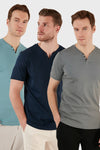 Buratti Pamuklu Düğme Detaylı Slim Fit V Yaka 3'lü Paket Erkek T Shirt 5902122S3 İndigo-Açık Mavi-Açık Haki
