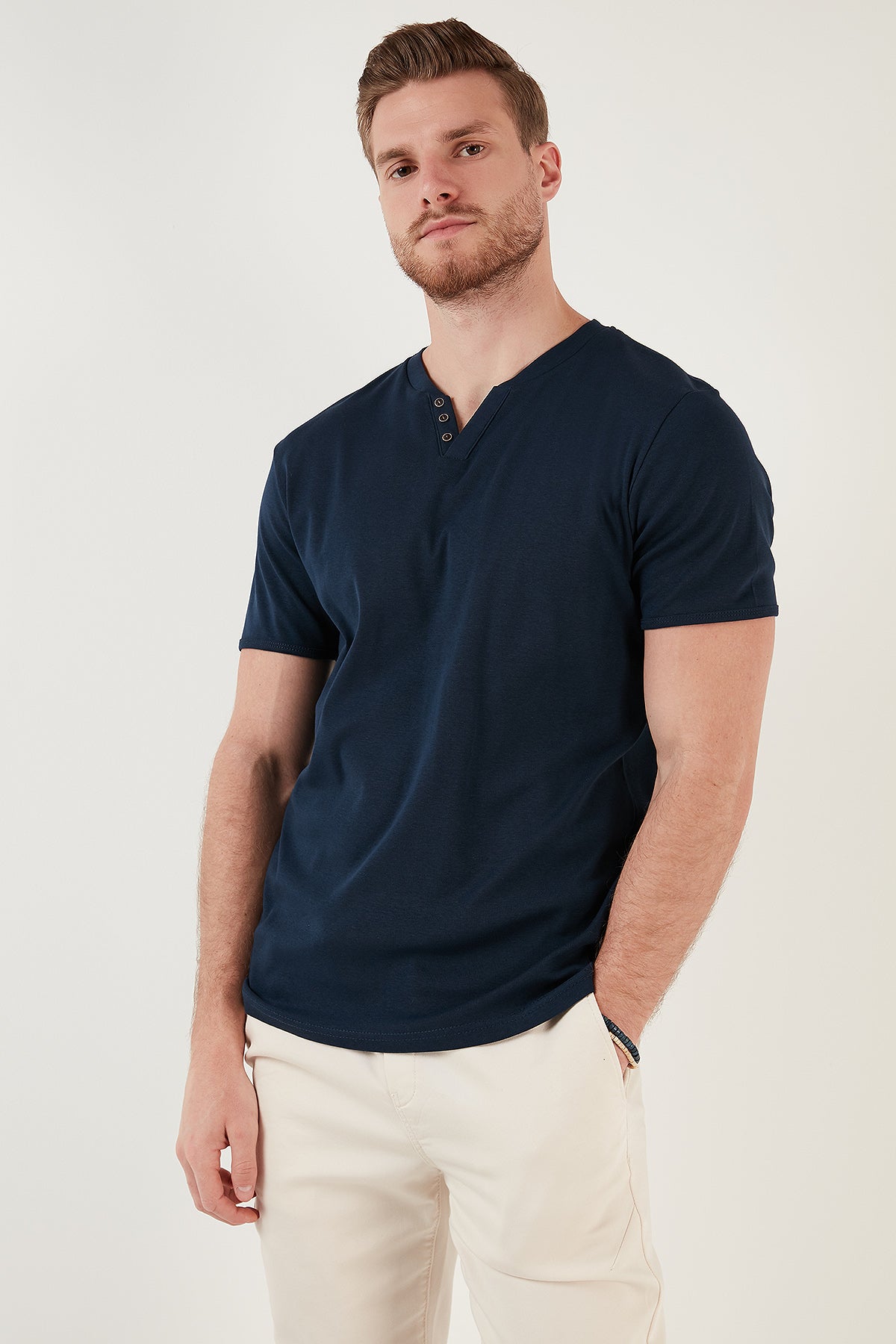 Buratti Pamuklu Düğme Detaylı Slim Fit V Yaka 3'lü Paket Erkek T Shirt 5902122S3 İndigo-Açık Mavi-Açık Haki