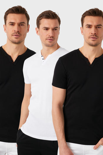 Buratti Pamuklu Düğme Detaylı Slim Fit V Yaka 3'lü Paket Erkek T Shirt 5902122S3 Siyah-Beyaz-Siyah