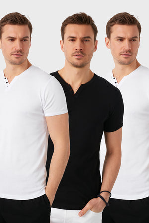 Buratti Pamuklu Düğme Detaylı Slim Fit V Yaka 3'lü Paket Erkek T Shirt 5902122S3 Siyah-Beyaz-Beyaz
