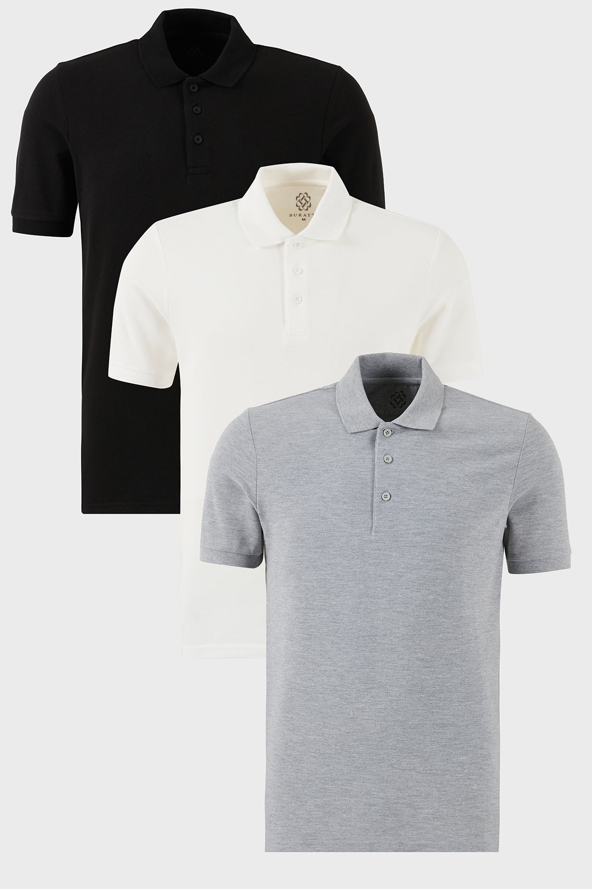 Buratti Pamuklu Regular Fit Düğmeli Polo Yaka 3'lü Paket Erkek T Shirt 5902127S3 Siyah-Beyaz-Gri Melanj