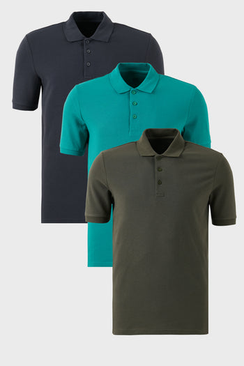 Buratti Pamuklu Regular Fit Düğmeli Polo Yaka 3'lü Paket Erkek T Shirt 5902127S3 Haki-Antrasit-Benetton