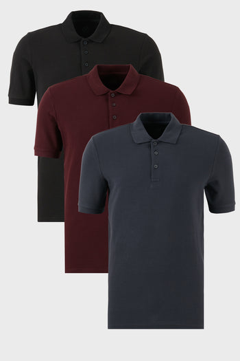 Buratti Pamuklu Regular Fit Düğmeli Polo Yaka 3'lü Paket Erkek T Shirt 5902127S3 Siyah-Vişne-Antrasit