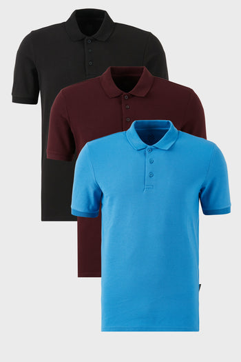 Buratti Pamuklu Regular Fit Düğmeli Polo Yaka 3'lü Paket Erkek T Shirt 5902127S3 Siyah-Vişne-Koyu Mavi