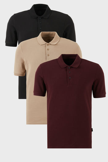 Buratti Pamuklu Regular Fit Düğmeli Polo Yaka 3'lü Paket Erkek T Shirt 5902127S3 Siyah-Vişne-Vizon
