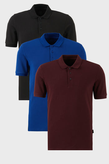 Buratti Pamuklu Regular Fit Düğmeli Polo Yaka 3'lü Paket Erkek T Shirt 5902127S3 Siyah-Vişne-Saks