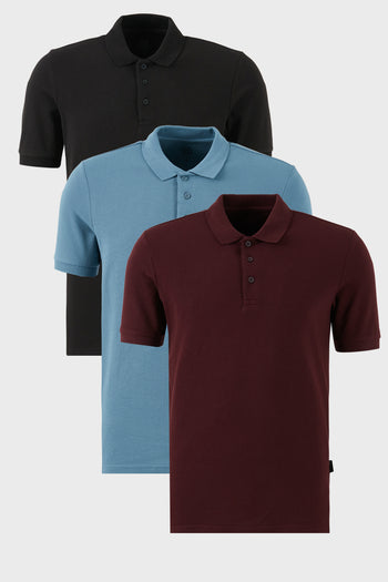 Buratti Pamuklu Regular Fit Düğmeli Polo Yaka 3'lü Paket Erkek T Shirt 5902127S3 Siyah-Vişne-Mavi